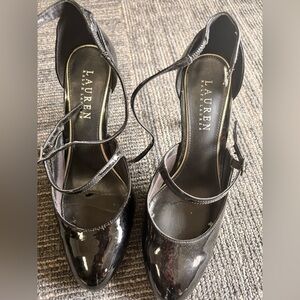 LAUREN Ralph Lauren Black Patent Mary Jane Heels with Ankle Straps
